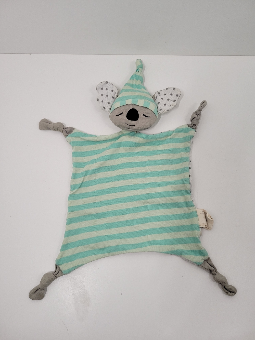 Organic Farm Buddies Teal Green Striped Baby Koala Rattle Lovey Blanket Toy